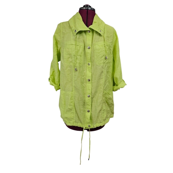 Lime Green Roll Tab Sleeve Hem Drawstring Light Shacket Womens - Picture 1 of 13